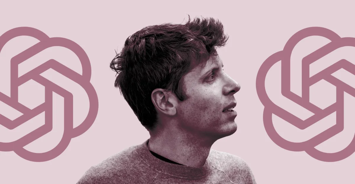 Man in profile on pink background with OpenAI logos on both sides.