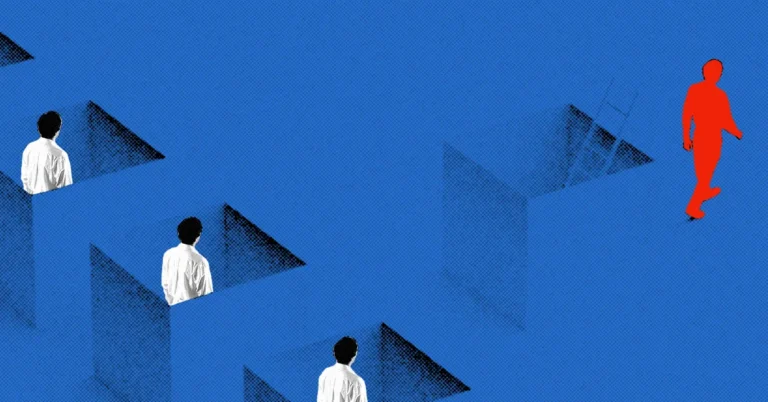 Silhouettes of three figures in white shirts facing pits, with a red figure walking away against a blue background.