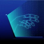Digital hand outline emerging from laptop screen, surrounded by binary code on a dark blue background