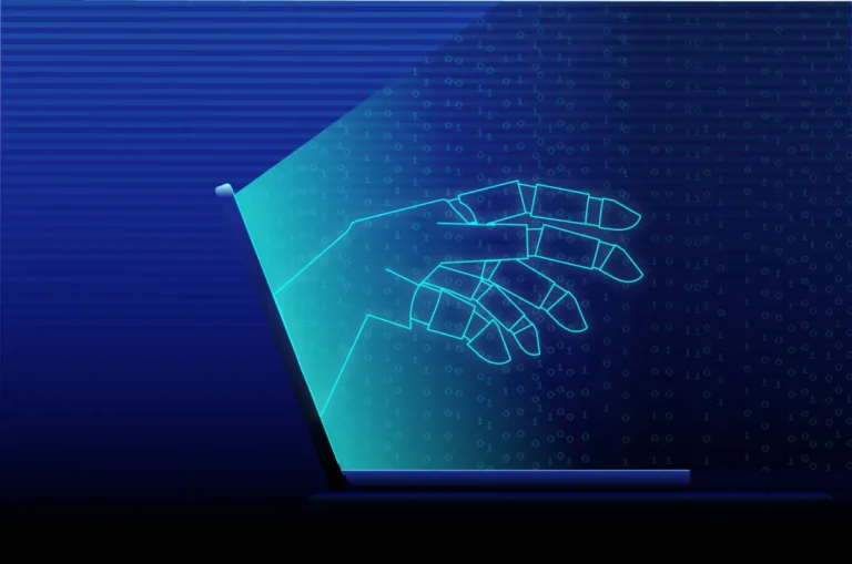 Digital hand outline emerging from laptop screen, surrounded by binary code on a dark blue background