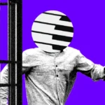 Person with abstract striped head opens barred gate against a purple background.