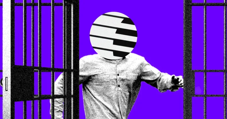 Person with abstract striped head opens barred gate against a purple background.