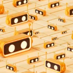 Numerous orange robot faces with antennas arranged in a pattern on a tiled surface.