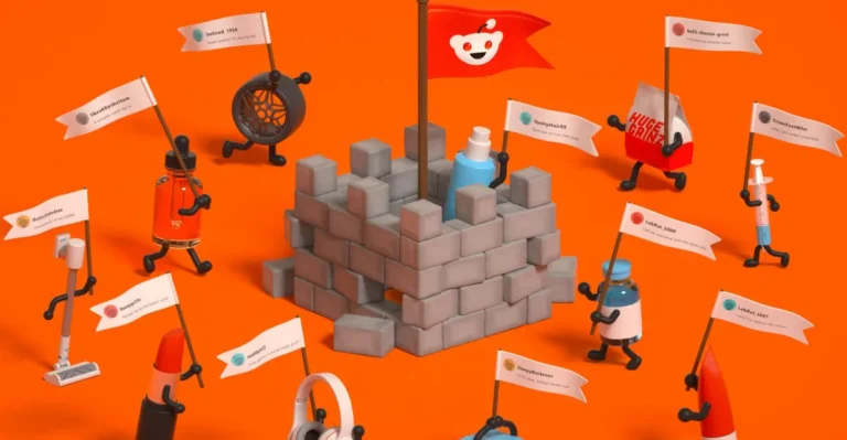 Various objects with arms and legs hold flags around a brick fort topped with a Reddit flag on an orange background.