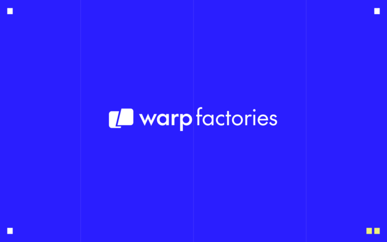 Warp Factories logo on a blue background with white text and geometric design elements.