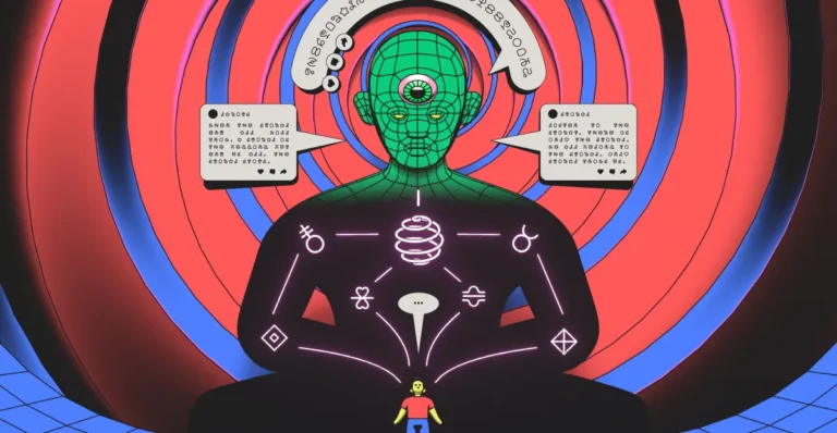 Futuristic humanoid figure with digital symbols sits cross-legged, speech bubbles hover, colorful spiral background