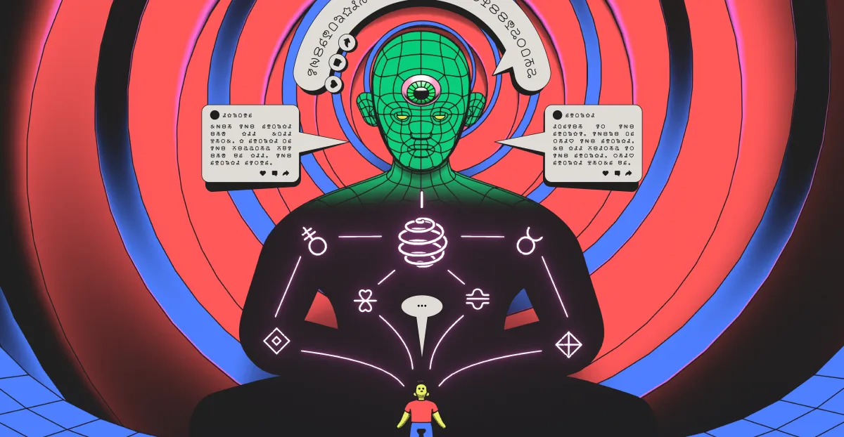 Futuristic humanoid figure with digital symbols sits cross-legged, speech bubbles hover, colorful spiral background