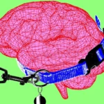 Red wireframe brain with a blue dog collar and leash against a green background.