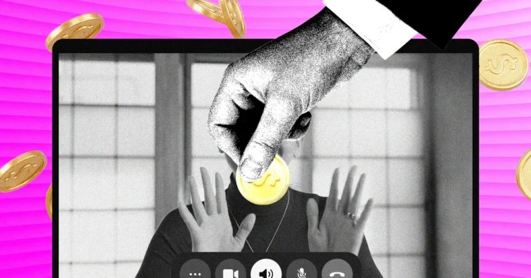Hand holding a coin above a laptop screen with a person raising hands, pink background with floating coins