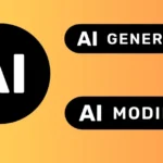 Black circle with "AI" text, labels reading "AI Generated" and "AI Modified" on an orange gradient background.