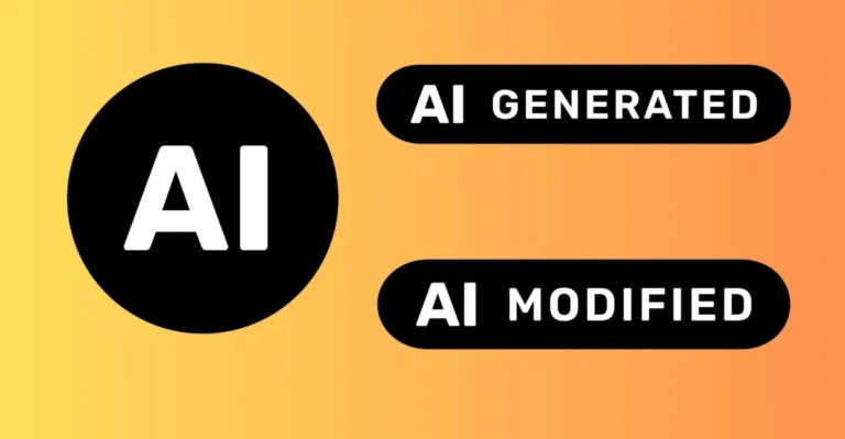 Black circle with "AI" text, labels reading "AI Generated" and "AI Modified" on an orange gradient background.