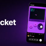 Smartphone displaying a retro-style game with "Pocket" text on a purple background, featuring controls labeled A and B.