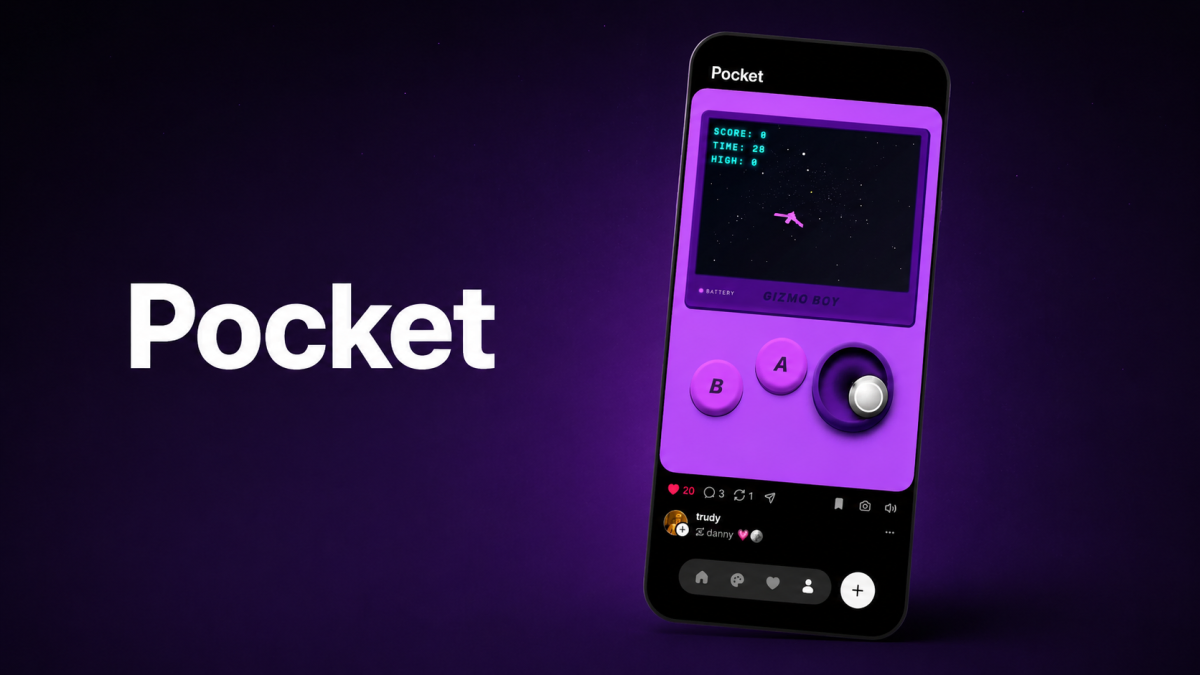 Smartphone displaying a retro-style game with "Pocket" text on a purple background, featuring controls labeled A and B.