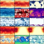 Colorful grid of global weather maps with varied temperature and atmospheric patterns displayed in different color schemes