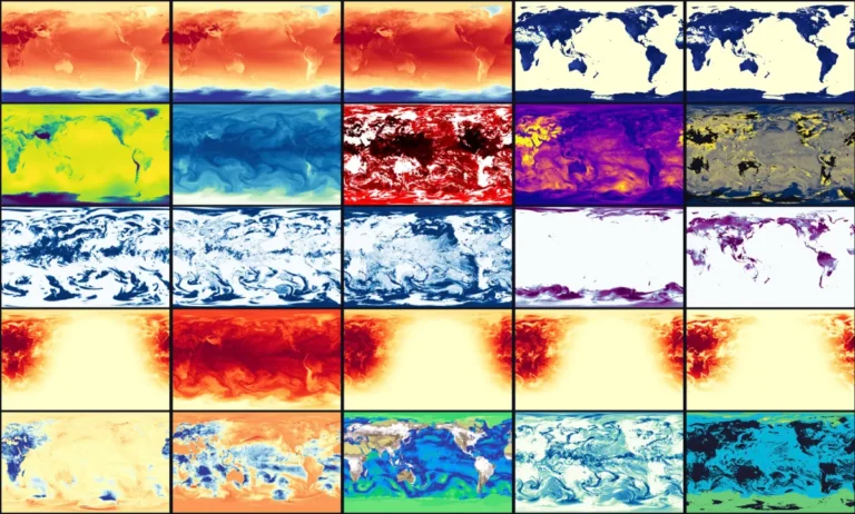 Colorful grid of global weather maps with varied temperature and atmospheric patterns displayed in different color schemes