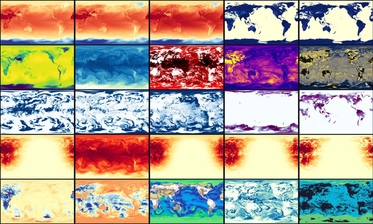 Colorful grid of global weather maps with varied temperature and atmospheric patterns displayed in different color schemes