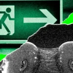 Green exit sign with figure and arrow, overlaid with a torn image of two connected heads, suggesting a digital connection.