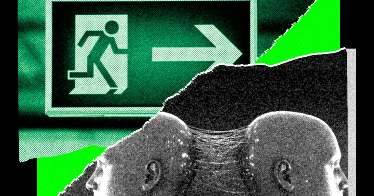 Green exit sign with figure and arrow, overlaid with a torn image of two connected heads, suggesting a digital connection.