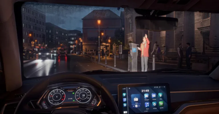 View from inside a car at night, dashboard showing 21:49, person waving by a parking meter, city street with lights and bu...