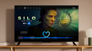 TV screen displaying "SILO" promotional image with a woman's face, spiral design, and Capitol building; options include Ap...