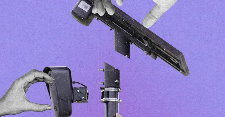 Hands assembling a camera and mounting pole against a purple background.