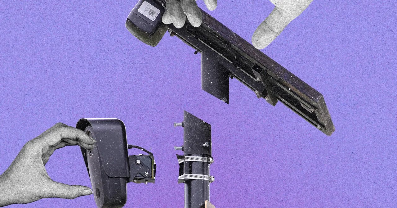 Hands assembling a camera and mounting pole against a purple background.