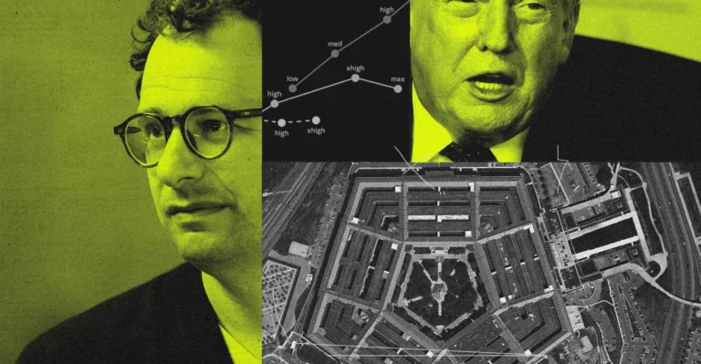 Man with glasses, graph with labeled points, another man's face, aerial view of Pentagon, all in greenish-yellow tint.