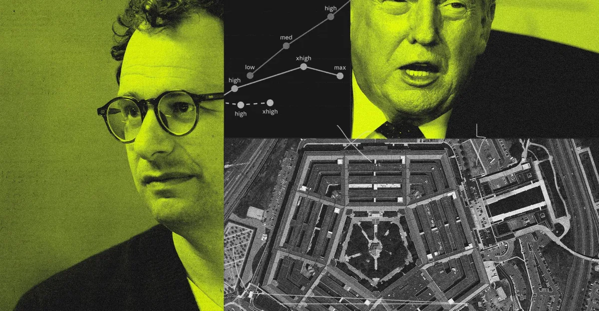 Man with glasses, graph with labeled points, another man's face, aerial view of Pentagon, all in greenish-yellow tint.