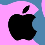 Black Apple logo on a pink and blue abstract background.