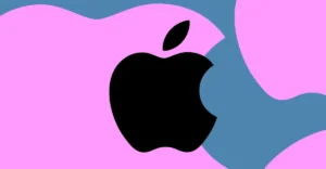 Black Apple logo on a pink and blue abstract background.