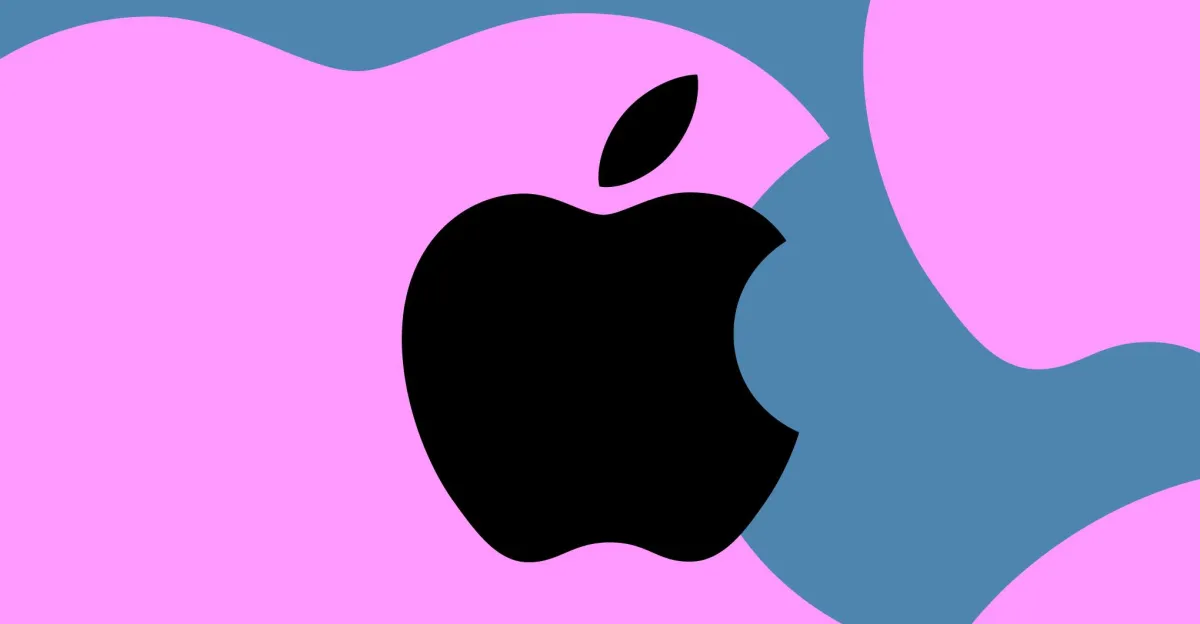 Black Apple logo on a pink and blue abstract background.