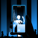 Robot speaking at podium with microphones, viewed through smartphone screen, American flag backdrop, crowd silhouette in f...
