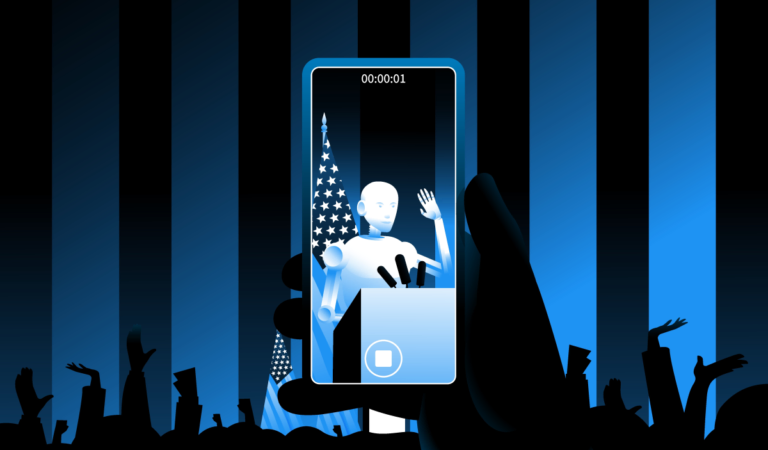 Robot speaking at podium with microphones, viewed through smartphone screen, American flag backdrop, crowd silhouette in f...
