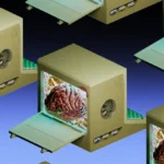 Computer towers with images of brains inside, open CD trays, blue gradient background