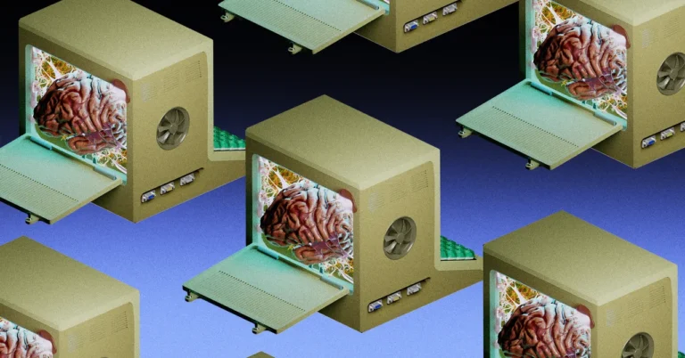Computer towers with images of brains inside, open CD trays, blue gradient background