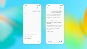 Two smartphone screens display a math problem-solving app with step-by-step instructions on a colorful background.