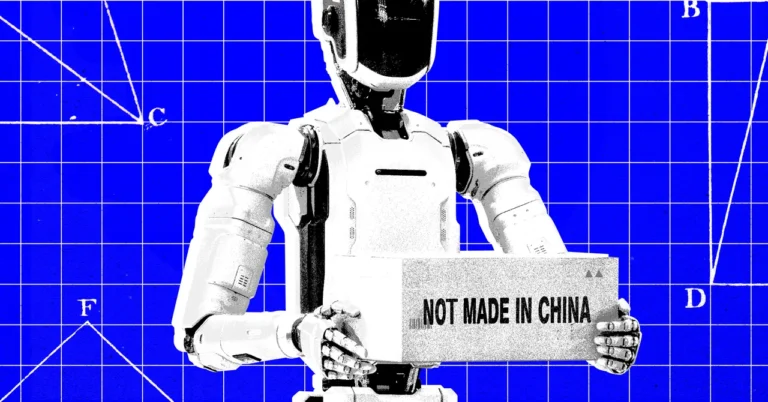 Robot holding a box labeled "NOT MADE IN CHINA" against a blue grid background with geometric lines and letters.