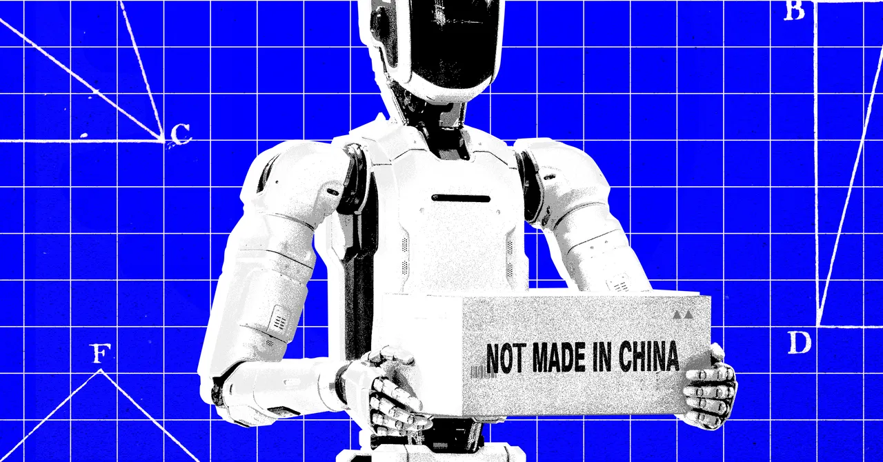 Robot holding a box labeled "NOT MADE IN CHINA" against a blue grid background with geometric lines and letters.
