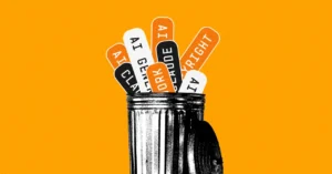 Trash can filled with popsicle sticks labeled AI, Claude, Work, Copyright against an orange background.
