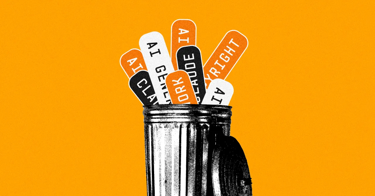 Trash can filled with popsicle sticks labeled AI, Claude, Work, Copyright against an orange background.