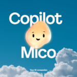 Smiling animated character with text "Copilot Mico" on a blue sky background with clouds, tagline "Your AI companion.