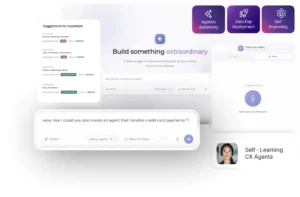 AI platform interface with suggestions to implement, chat input, and voice interaction options. Features include agentic a...