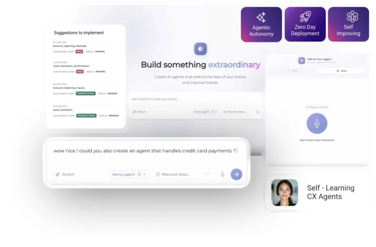 AI platform interface with suggestions to implement, chat input, and voice interaction options. Features include agentic a...
