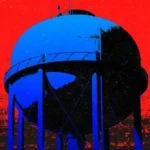 Blue water tower against a vivid red background, with digital glitch effects, no text visible.