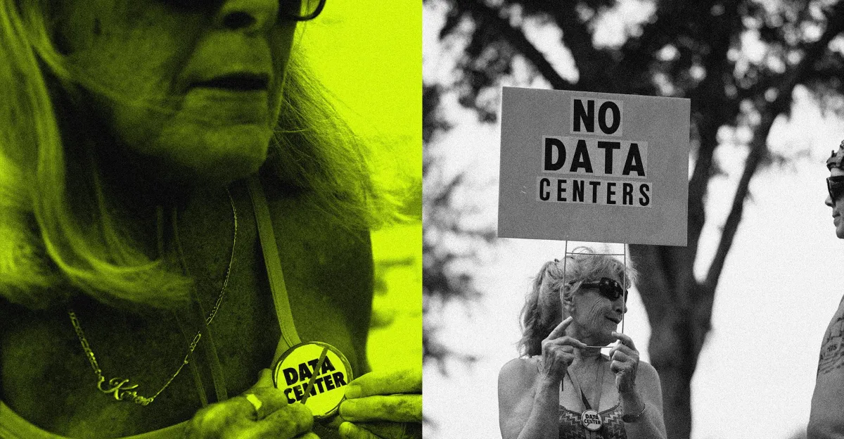 Woman in sunglasses holding "No Data Centers" sign; another image shows her holding "Data Center" button.