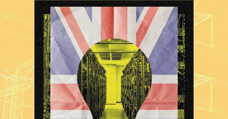UK flag overlay with data center servers visible through a lightbulb-shaped cutout, power lines in the background.
