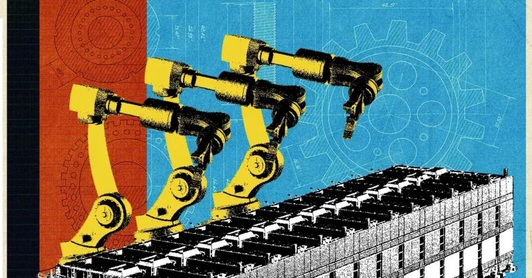 Three yellow robotic arms over a grid-like structure on a blueprint background with gear and measurement diagrams.