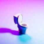 White toilet with open lid on a gradient background of pink and blue hues, casting a purple shadow.
