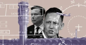 Collage of two men, an air traffic control tower, an airplane, and HUD elements over a landscape with the Washington Monum...