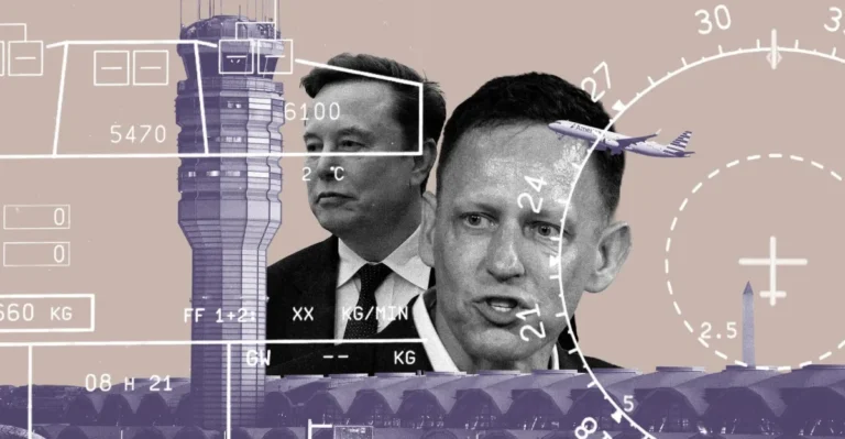 Collage of two men, an air traffic control tower, an airplane, and HUD elements over a landscape with the Washington Monum...